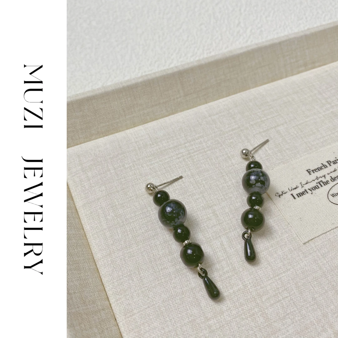 铜合金耳饰 B122新中式黑色珠珠吊坠耳饰女气质复古小众百搭饰品