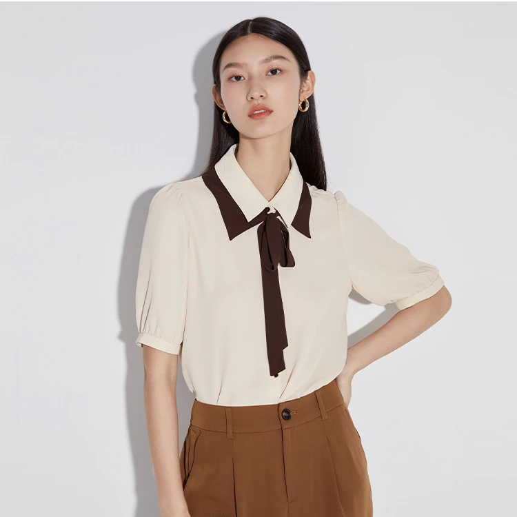 曼德诗衬衫女夏泡泡袖通勤百搭薄款轻职场撞色雪纺上衣M310