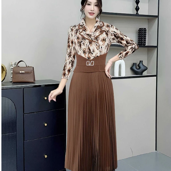 【文文家】SK219轻奢女装#西装领印花新款收腰连衣裙