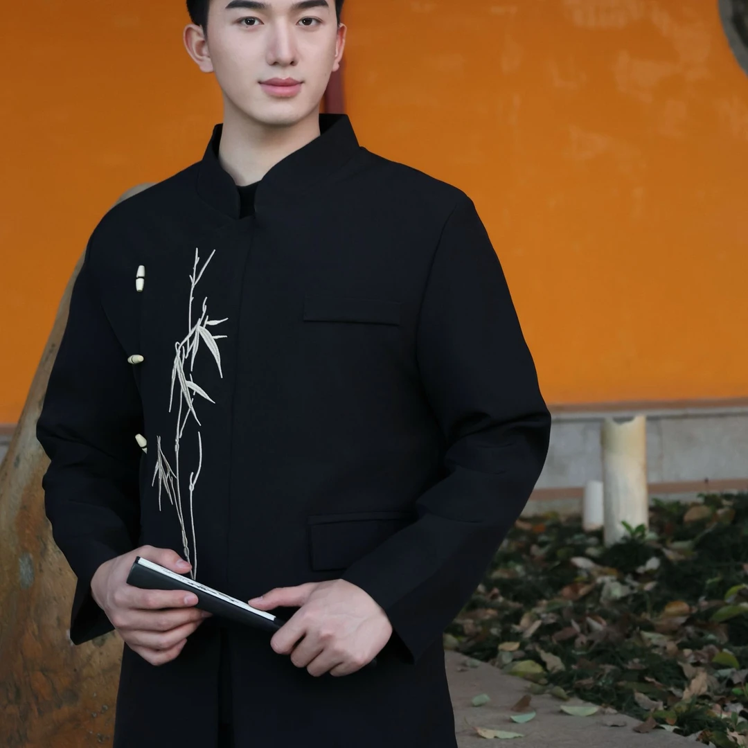 2025刺绣竹纹新中式外套唐装祝酒服中山装男