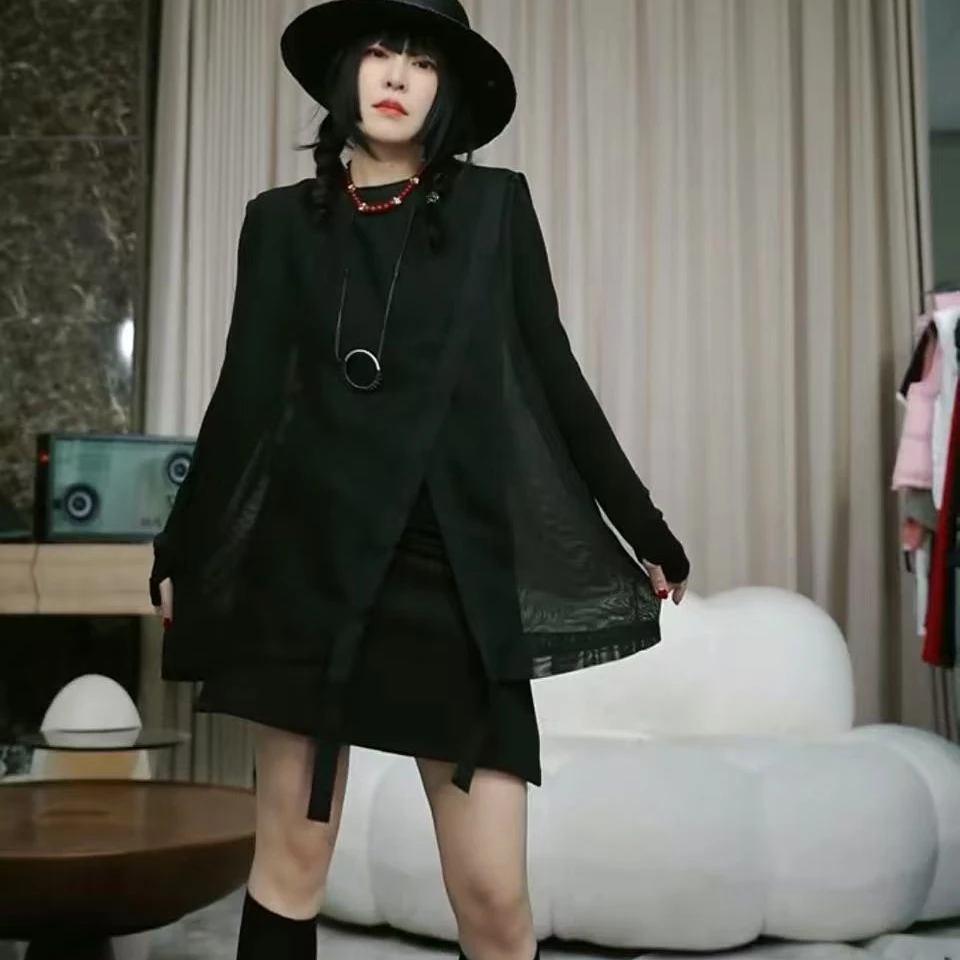 infobyfive春季新款黑色百搭开叉显瘦网纱马夹马甲NF0502186