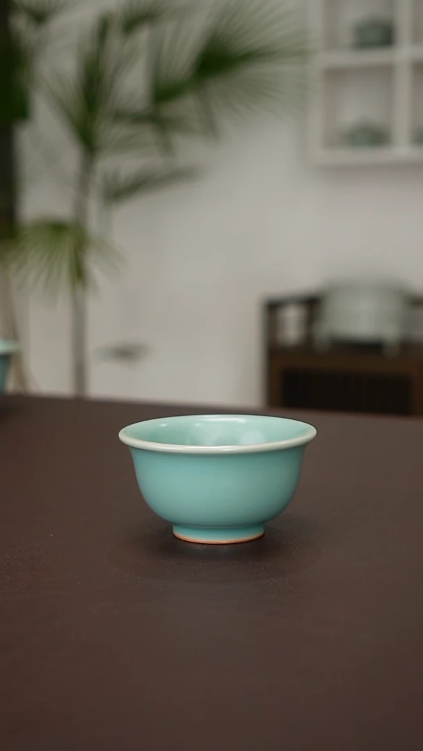天青釉 压手杯  精品柳条纹