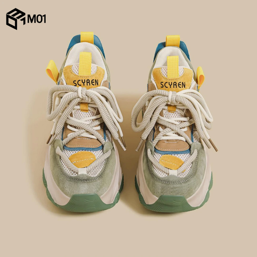 M01秋季新款厚底老爹鞋女绿色双鞋带松糕透气增高华夫阿甘运动鞋