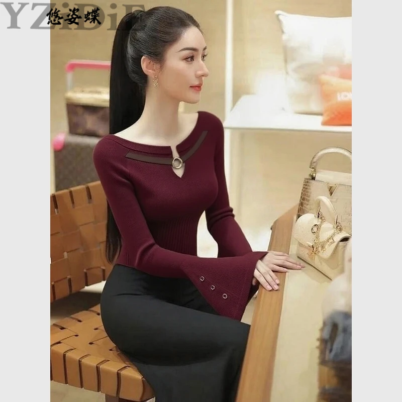 新款秋季气质重要场合上衣巨好看高端轻奢名媛酒红色针织衫女