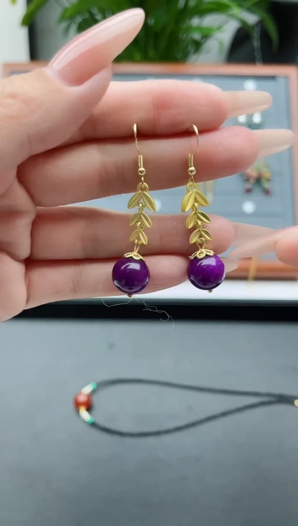 【闪购商品】玛瑙/玉髓耳饰银S925镀金镶嵌039紫