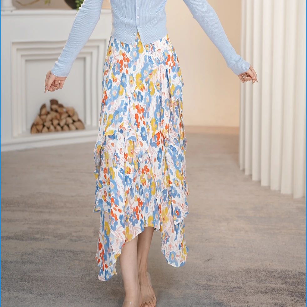 AMASS/阿玛施春夏新款碎花不规则花边造型时尚长裙半身裙 5200460