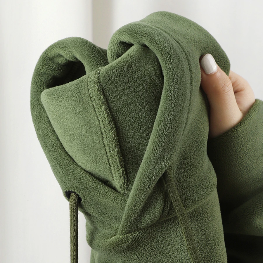 「超暖双面奥粒绒」苔原绿重磅加绒保暖连帽卫衣男加厚纯色外套女