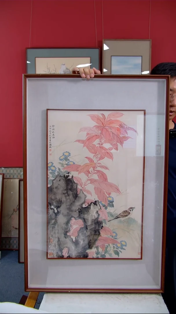 国画沈园富《静听秋雨》装裱93*61