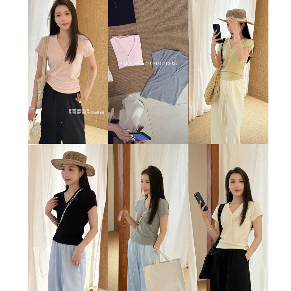 YPP！【拿捏好身材】韩系简约V领显瘦修身纯色短袖T恤上衣