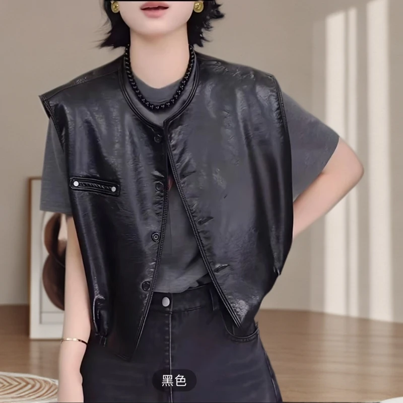 欧货复古PU皮马甲2025早秋新款软蛋白皮无袖坎肩#2501