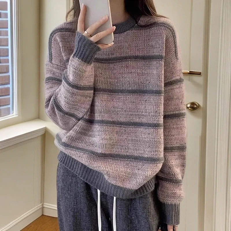 撞色条纹毛衣针织衫女欧货秋冬新款保暖打底圆领套头长袖复古上衣