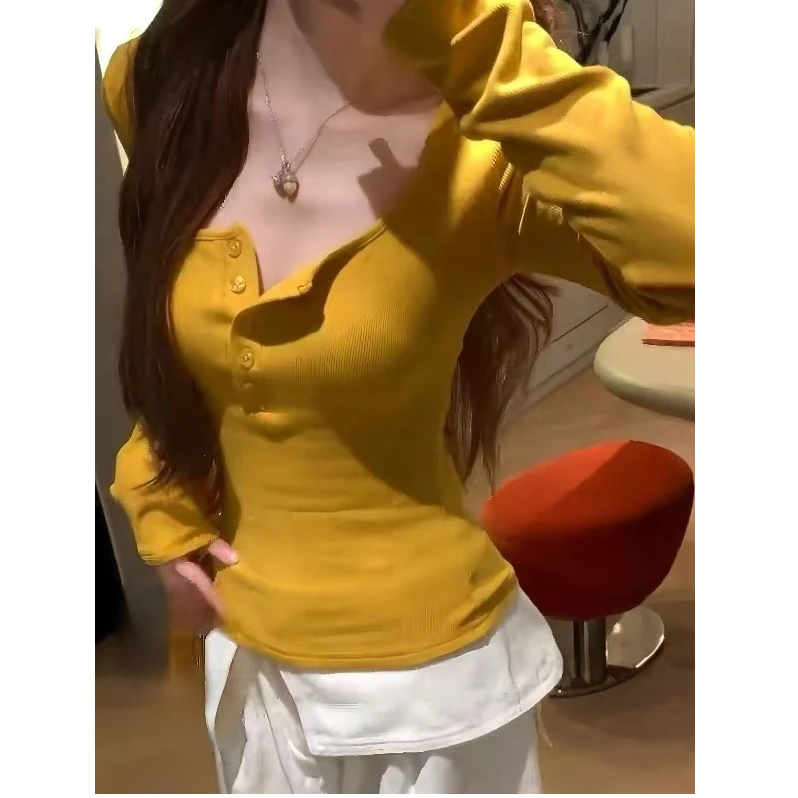 D25103简约半开领排扣长袖T恤女秋冬新款辣妹修身显瘦上衣打底衫