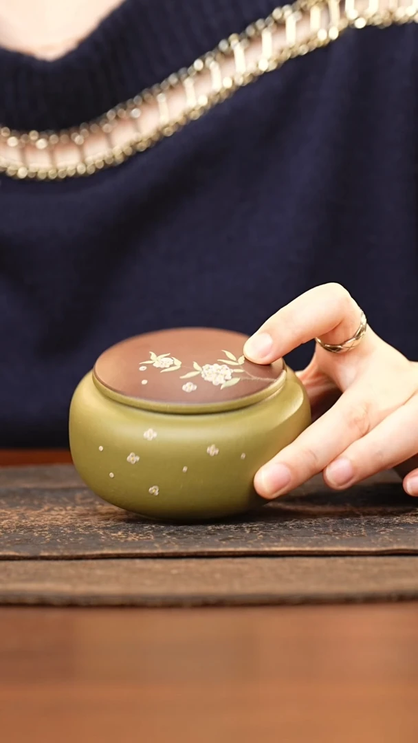 紫砂茶叶罐小罐豆青泥泥绘绣球花