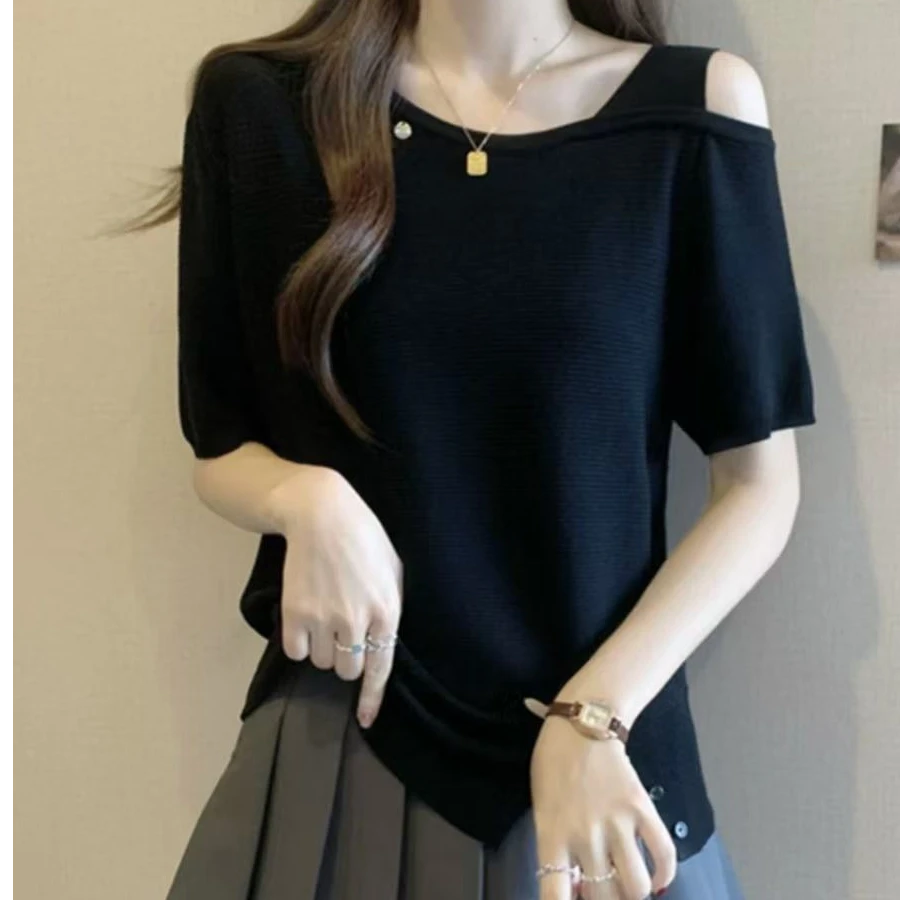 1276设计感露肩短袖T恤女2025夏季大码胖mm不规则独特别致小上衣