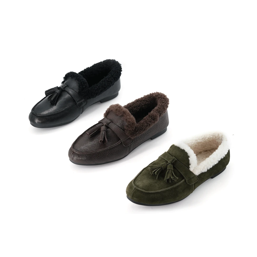 【小刚懂鞋】韩系流苏加绒保暖乐福鞋女冬季舒适休闲毛毛鞋 9080-22