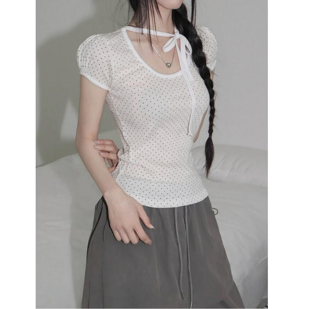 甜美休闲系带圆领设计感小众百搭圆点印花修身显瘦T恤女A3766