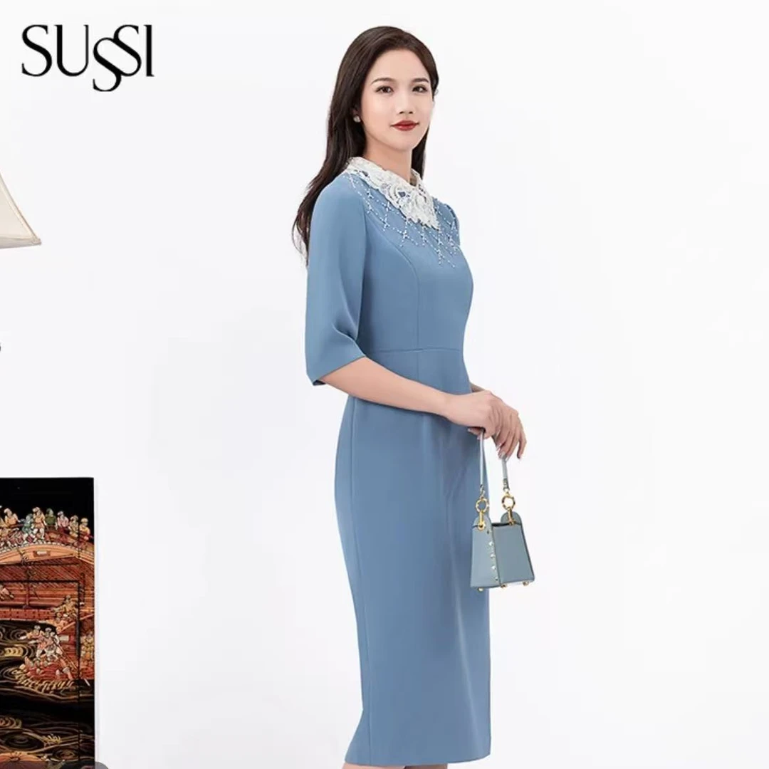 SUSSI/古色春夏商场同款醋酸蓝色收腰高级感短袖连衣裙女薄荷曼波