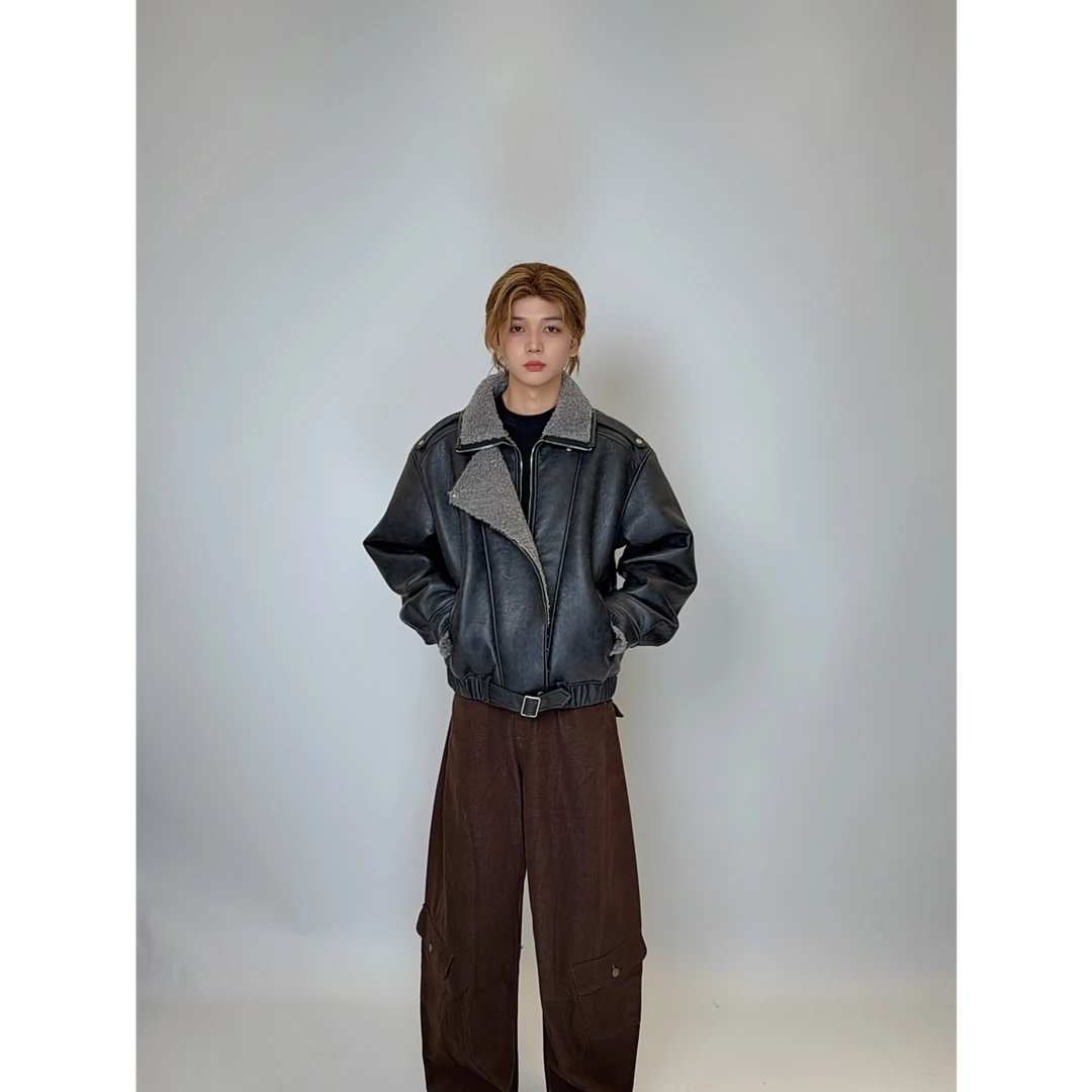 趋势男皮毛一体翻领保暖复古厚款常规款宽松长袖短款韩版