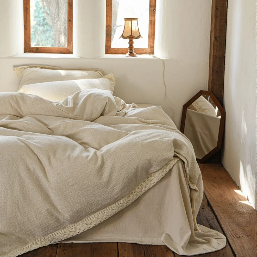 【猫眼-四件套】重磅棉麻贵妇级 铜钱双盖花边 出口外贸高定款 套件