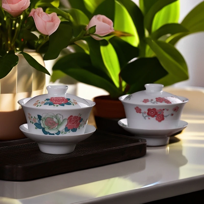 手绘白瓷盖碗醴陵陶瓷功夫茶具茶道三才盖碗釉下彩泡茶杯敬茶杯