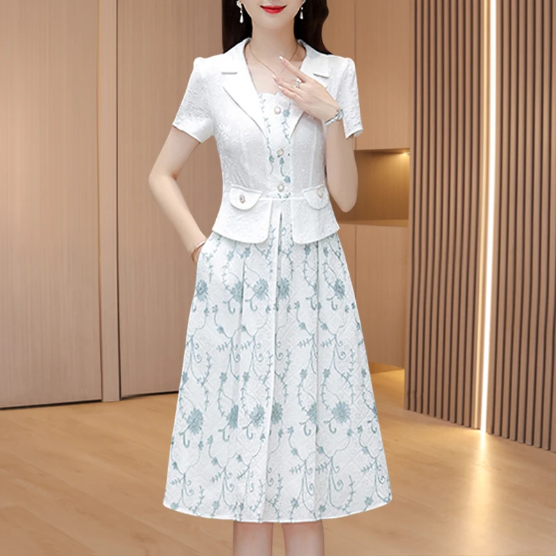 拉夏贝尔雪纺连衣裙女夏季2025新款气质高端轻奢高级感假两件套装