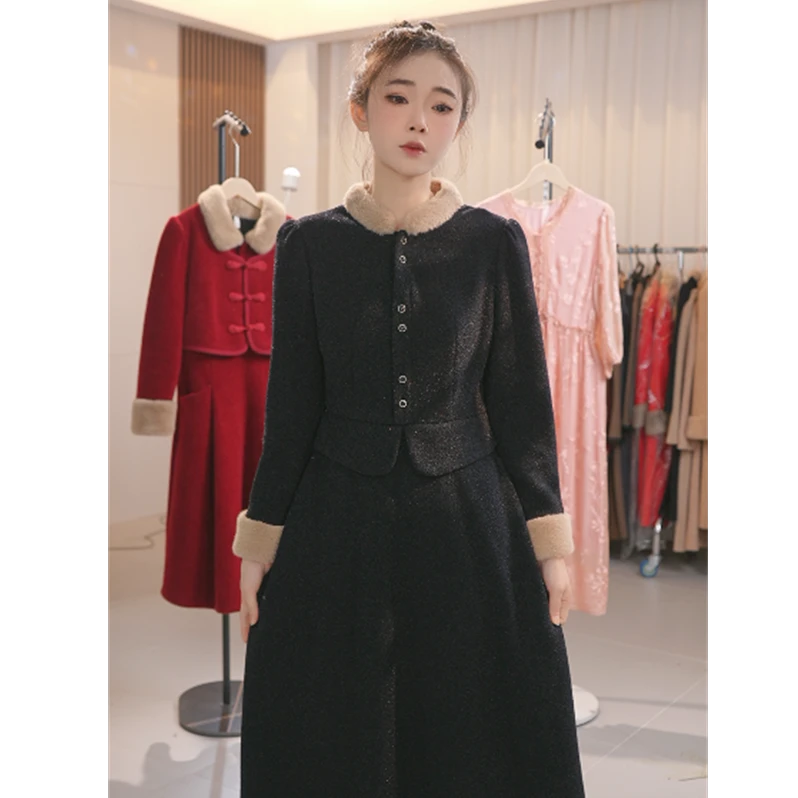 Y1551黑色新款女装连衣裙气质长袖秋季时尚中长款裙子