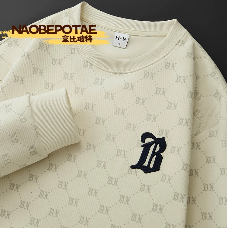 拿比玻特轻奢肌理感 欧货刺绣卫衣男士秋冬季款青年宽松圆领上衣