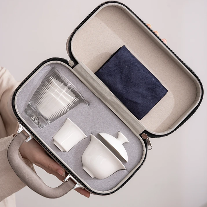 高档手提包白瓷茶具套装户外露营陶瓷礼品公司伴手礼茶具定制LOGO