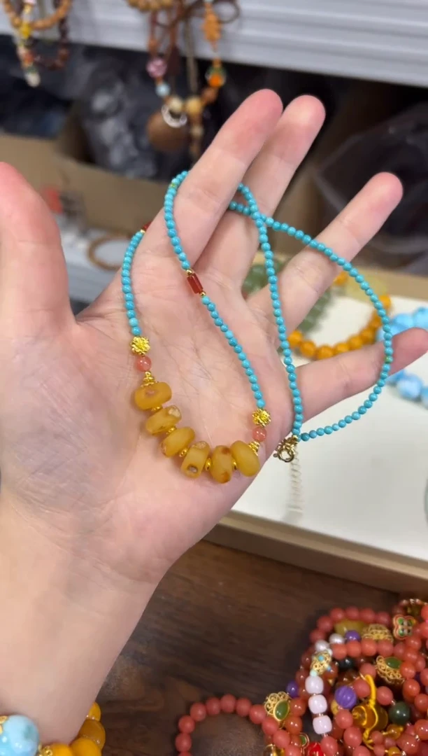 未镶嵌颈饰蜜蜡蜜蜡饼子小米松项链[1052]