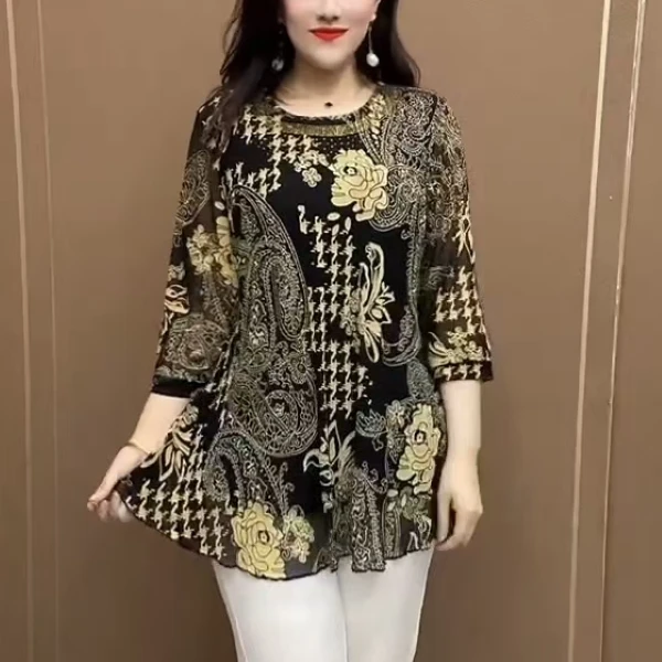 复古印花大码女装打底衫夏款雪纺衫2025新款百搭减龄中老年妈妈装