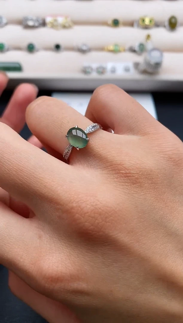 银S925镶嵌戒指翡翠缅甸天然A货翡翠444  4-