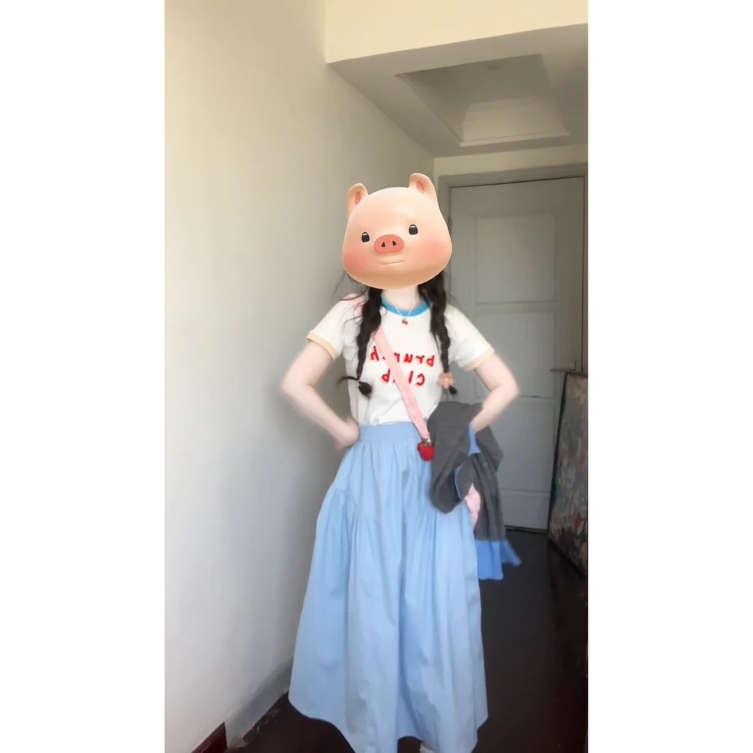 2025夏季新款韩系穿搭修身圆领印花T恤上衣气质高腰褶皱A字半身裙