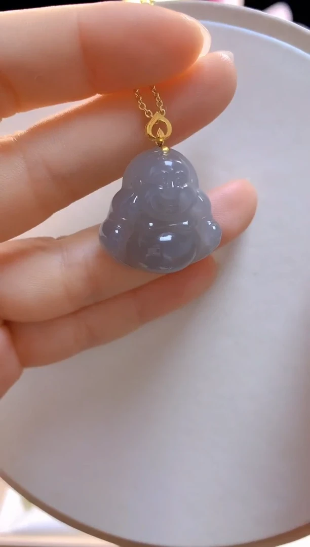 和田玉18K金镶嵌吊坠(赠链)冰烟紫弥勒佛