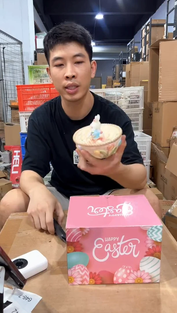 瓷片粉色原盒兔子糖果碗
