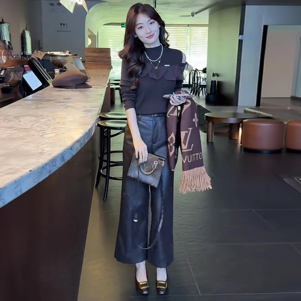 时尚套装女2025秋季新款洋气显长袖针织衫高腰皮裤阔腿裤两件套潮