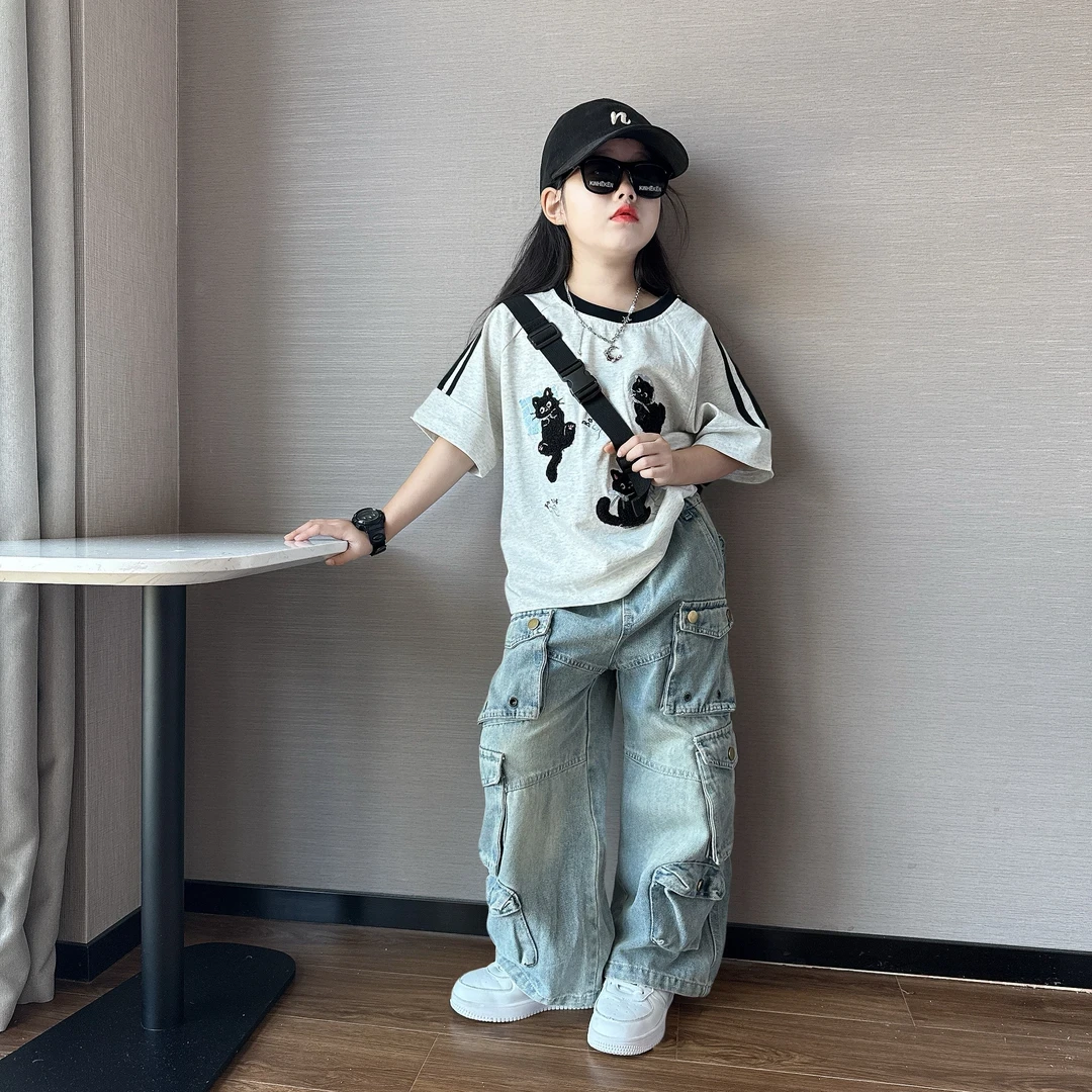 女童夏季潮酷个性多口袋牛仔工装裤中大童宽松百搭毛巾绣短袖T恤