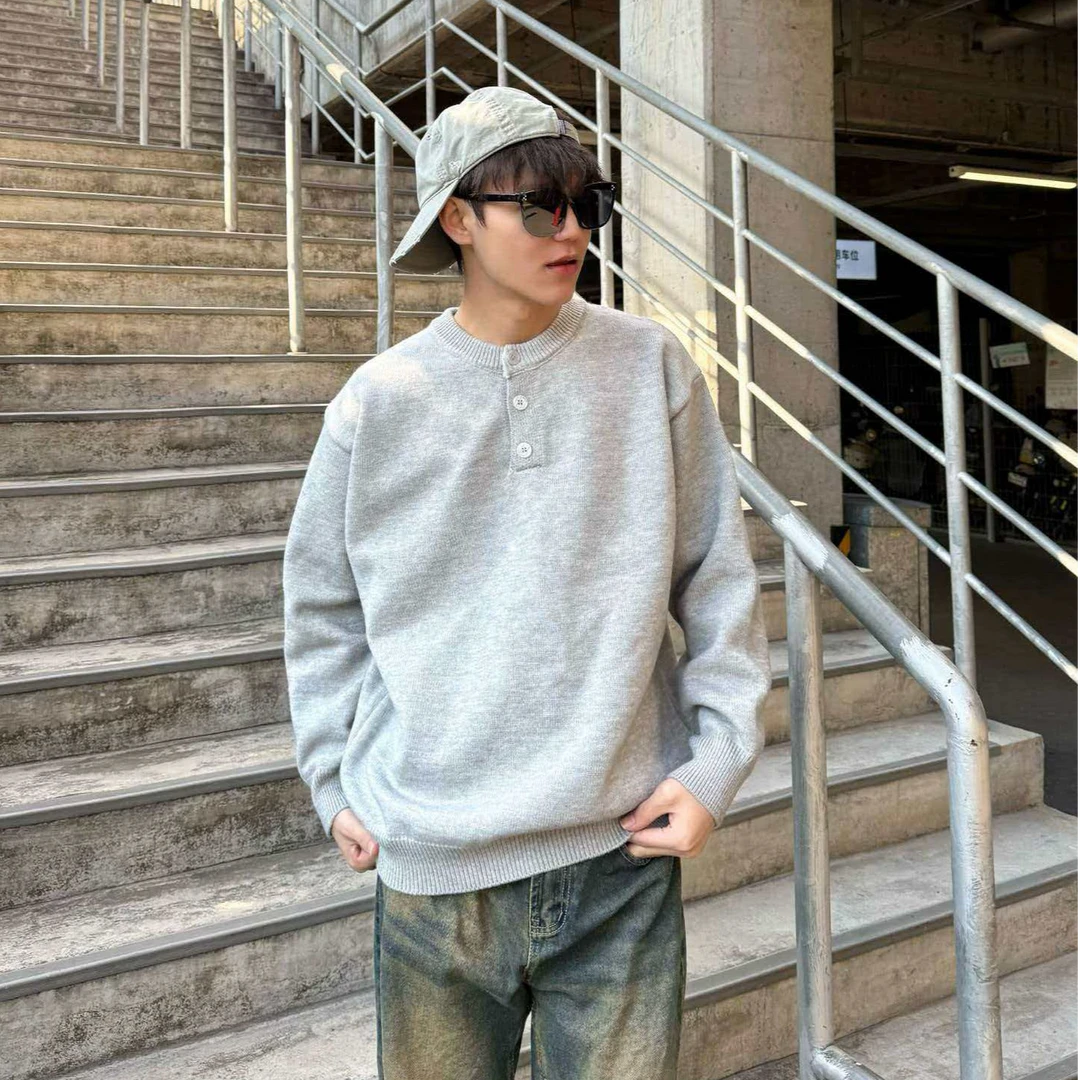 老钱风美式复古亨利领针织衫毛衣男长袖慵懒风cleanfit内搭打底衫