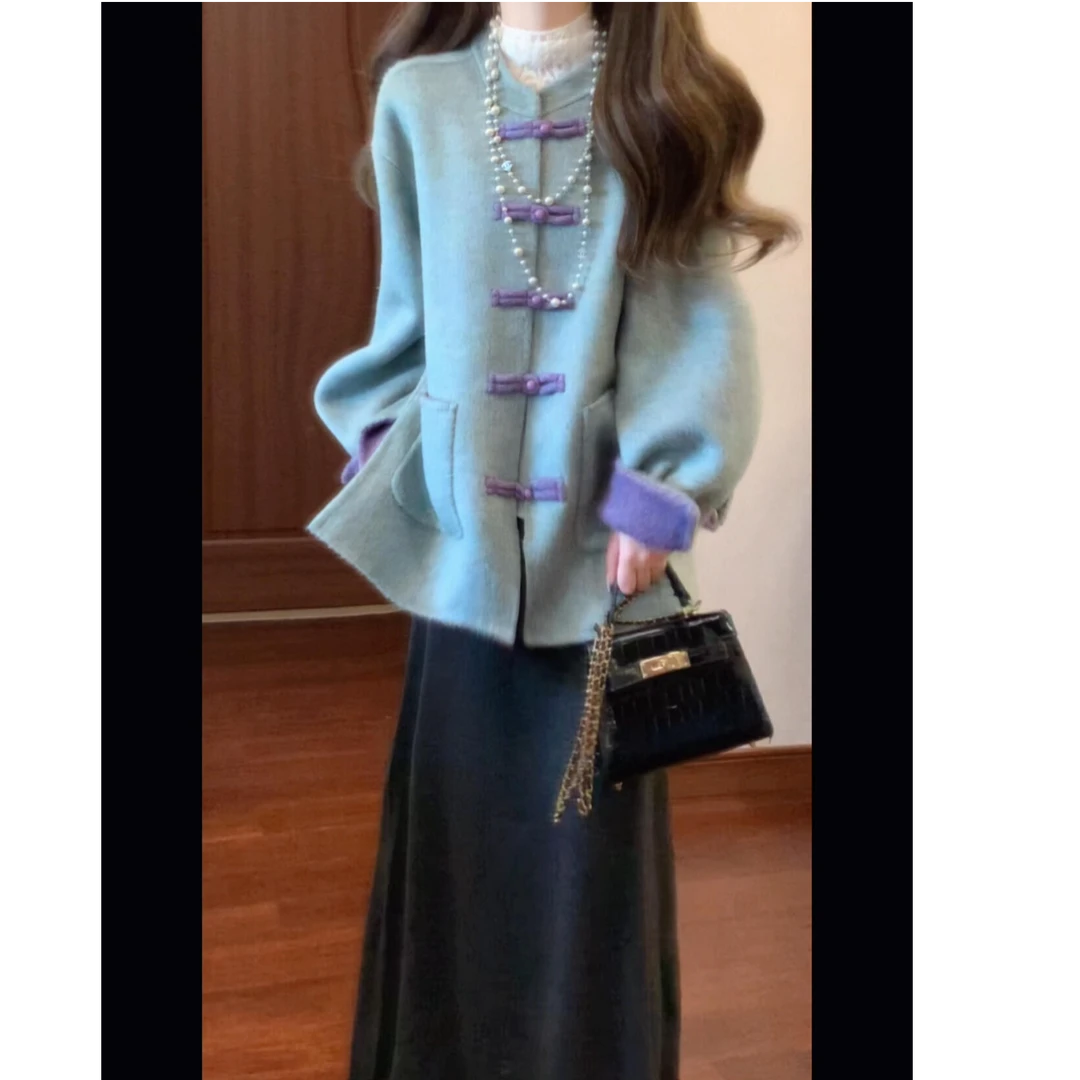 2025冬季新款新中式奢华宽松毛呢大衣外套搭高腰显瘦半身裙套装女