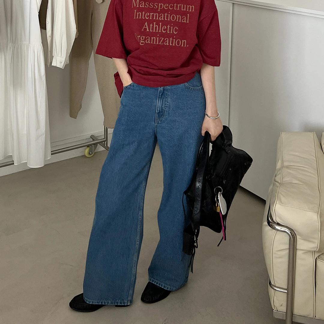 widelia陈姬儿夏季新款深蓝色牛仔裤高腰显瘦阔腿直筒裤Z1925