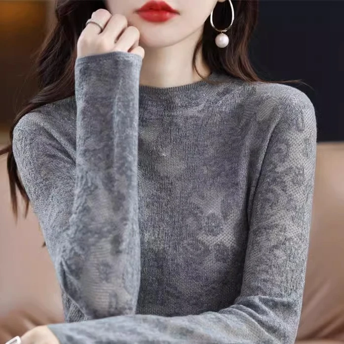 职业阿玛诗官2025春秋新款时尚半高领镂空套头针织打底衫女装毛衣