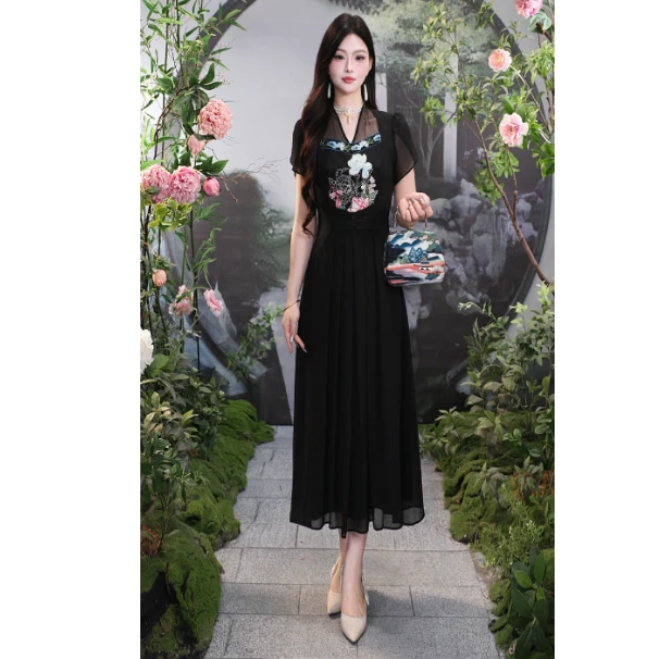 SUSSI/古色夏商场同款V领短袖收腰褶摆气质夏季连衣裙