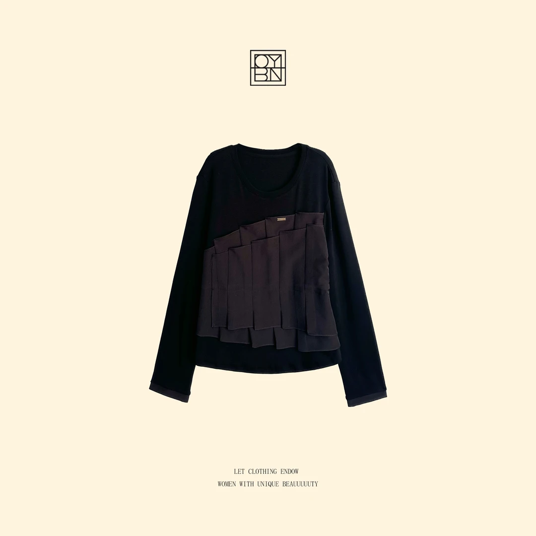OYBN欧阳贝妮【气场T恤】微胖大码设计感压褶拼接长袖T恤上衣5896