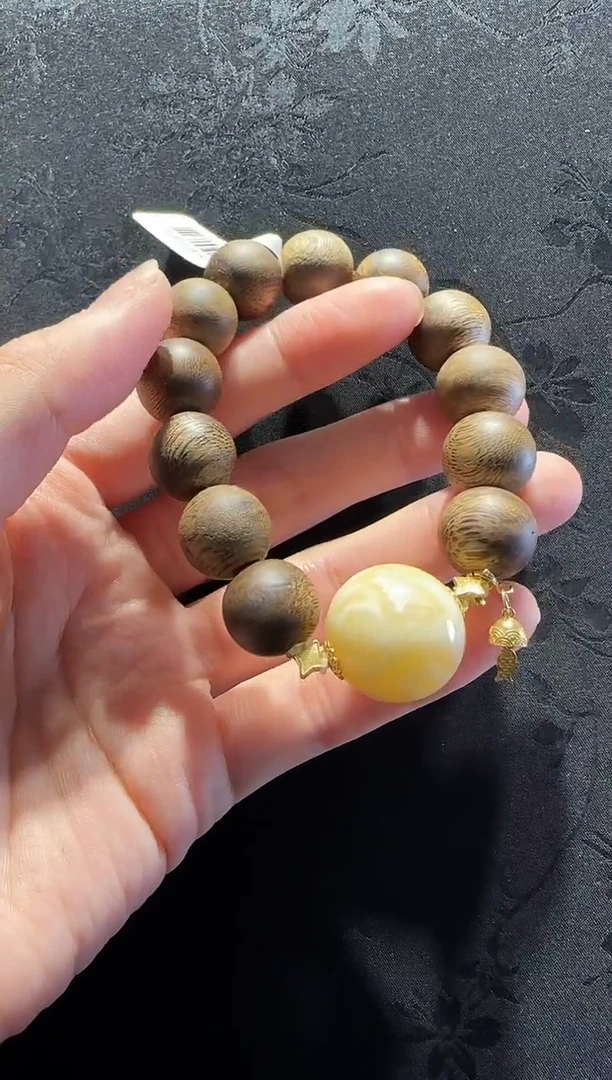 手串蜜蜡18K金镶嵌沉香珠径14.6mm白花蜡珠径19.5mm