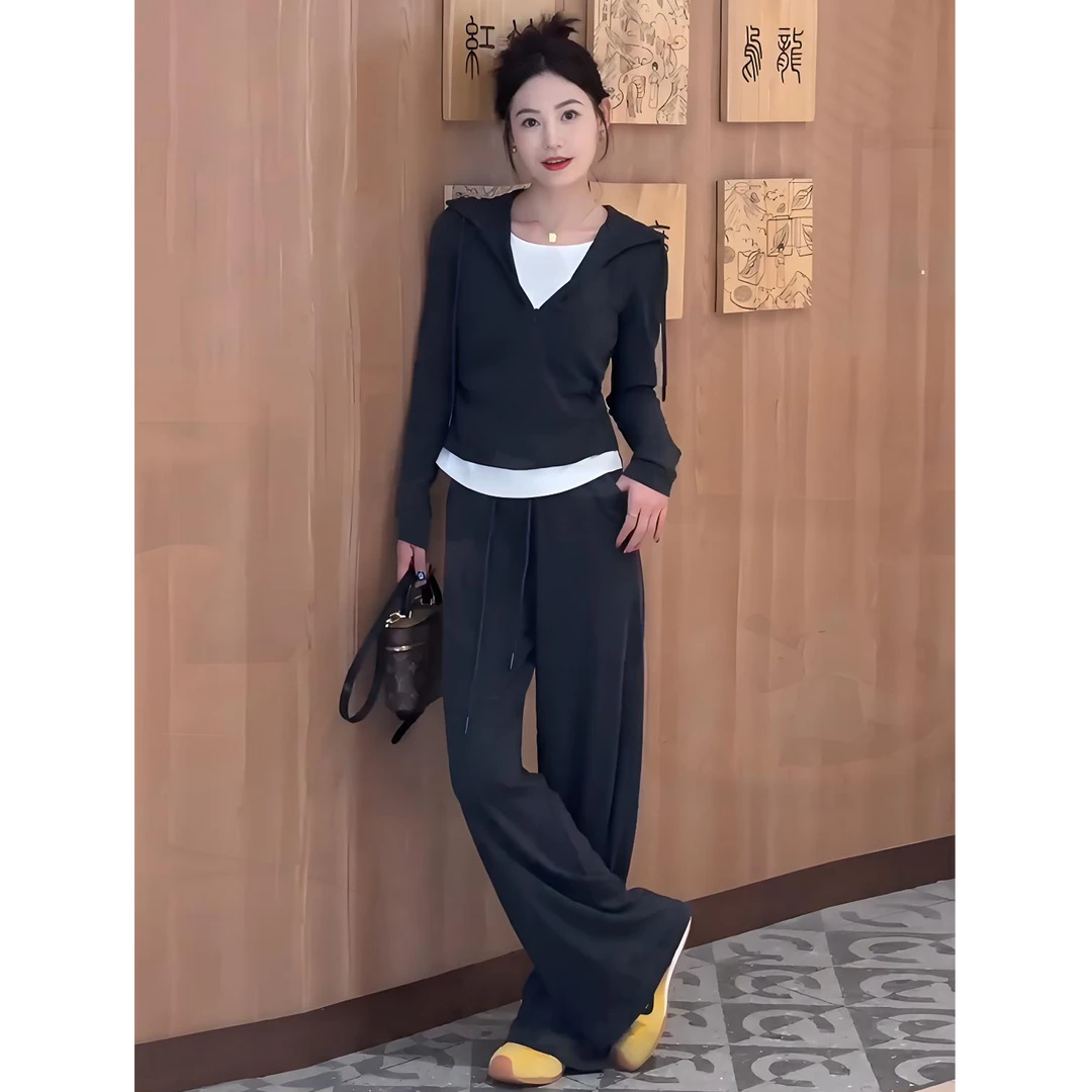 假两件时尚套装女2025秋季新款拼接连帽休闲撞色T恤直筒裤两件套