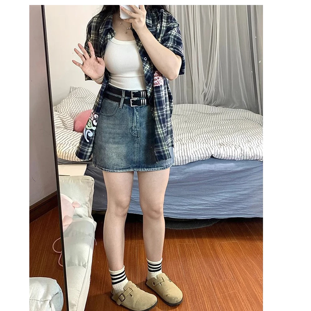 复古辣妹高腰牛仔短裙女夏季大码开叉设计宽松遮胯显瘦百搭半身裙