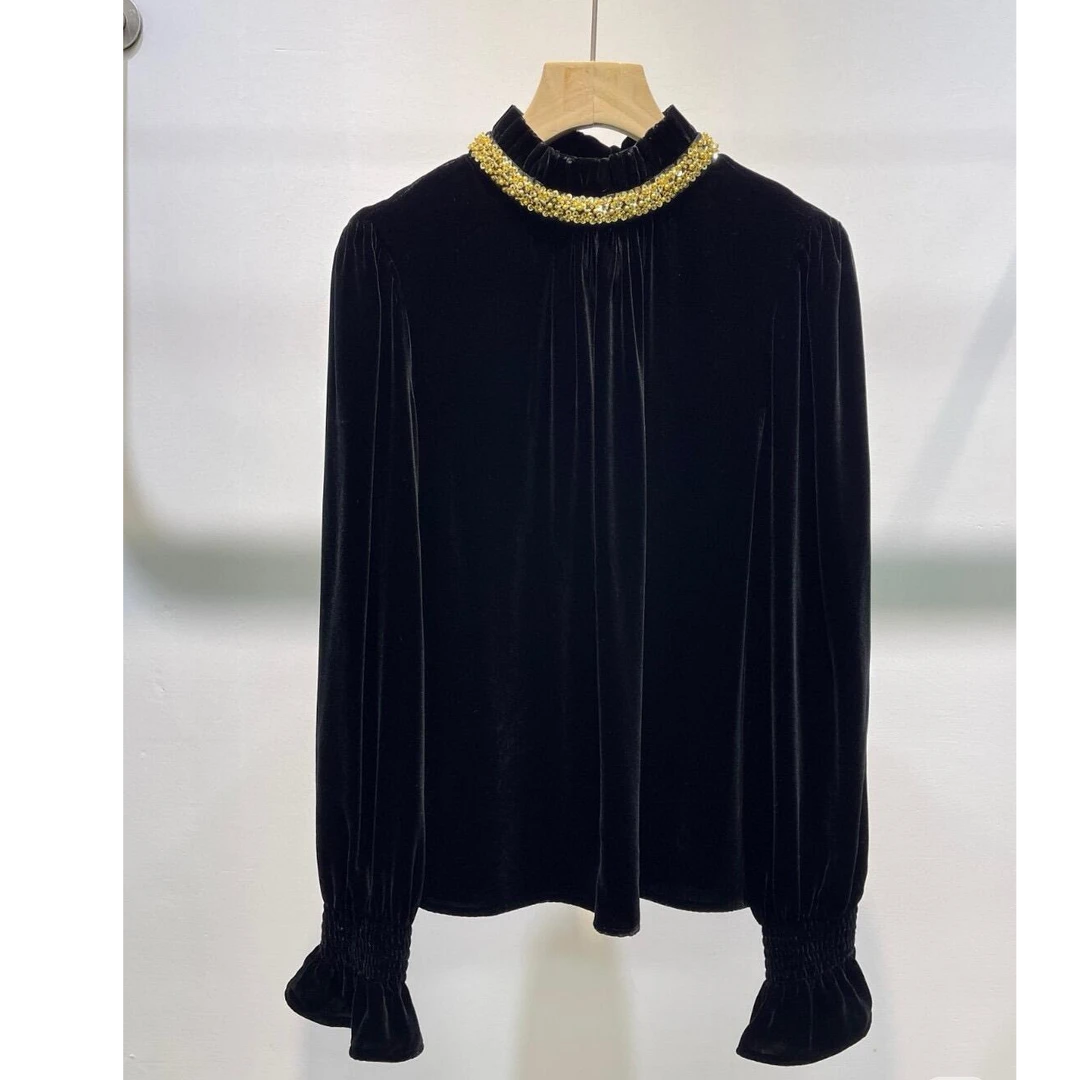 人间富贵花千金风法式木耳边立领金色亮片真丝丝绒高级感上衣打底