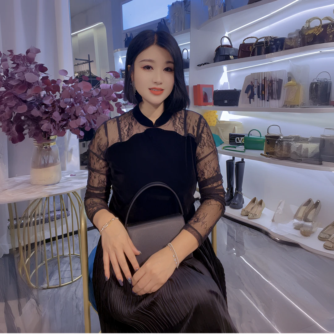 QUEEN【轻国风丝绒蕾丝小衫】（时尚气质打底长袖设计师百搭显瘦修身