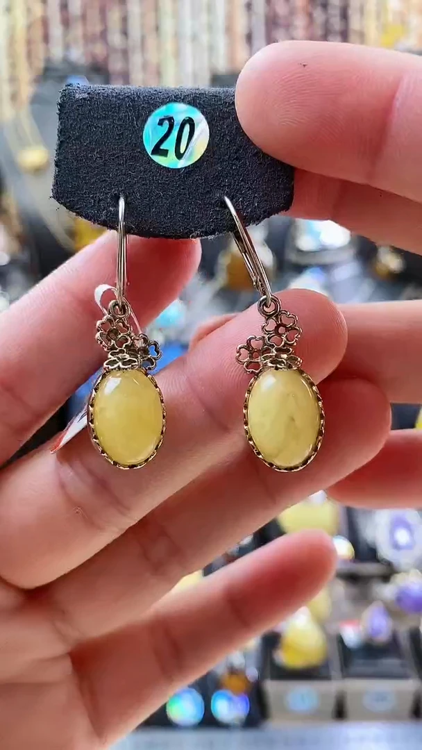 银S925镶嵌琥珀耳饰耳环