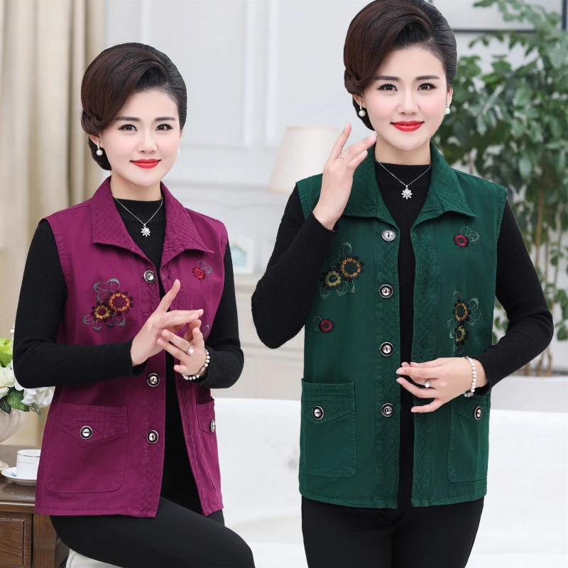 哥弟阿玛施正品妈妈春秋大码马甲女纯棉绣花上衣女装翻领奶奶装中