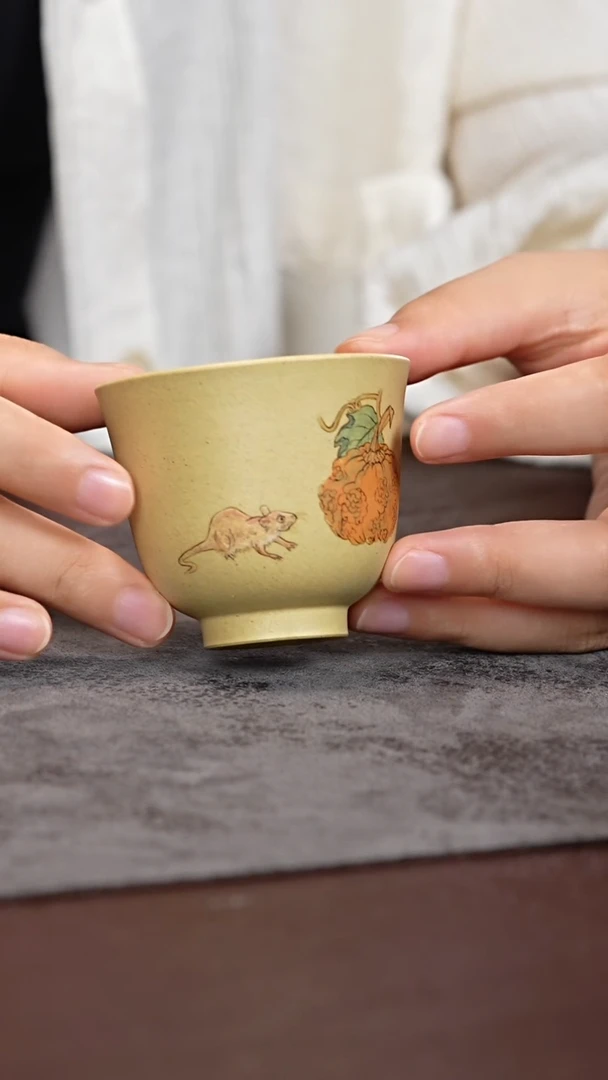 茶杯紫砂泥绘南瓜鼠 铃铛杯